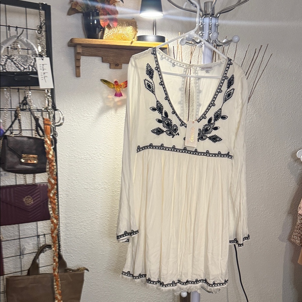 Shyanne Cream Dress with Black Embroidered Trim - Long Sleeve Boho